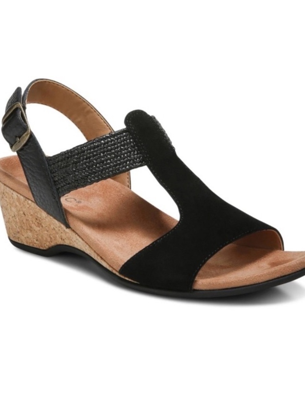 Vionic Kaytie Black Suede Cork Wedge Slingback Sandal